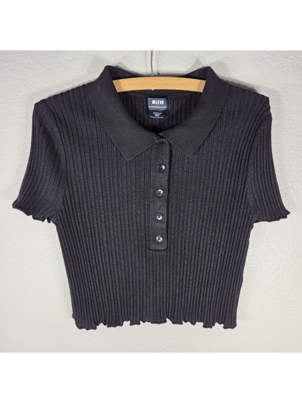 Anthropologie Maeve Ava Polo Sweater Ribbed Black Short Sleeve Size M Button Up